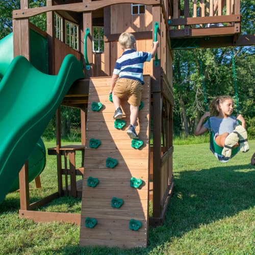 Backyard Discovery Skyfort All Cedar Swing Set, Elevated Covered Wood Roof Clubhouse with Bay Windows, 2 Belt Swings, Web Swing, 10ft Wave Slide, 5 ft Tube Slide, Covered Picnic Table, 5 ft Rock Wall - image 8