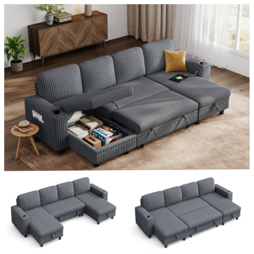 Image of LINSY HOME Modular Sectional Sofa Bed, U Shaped Sleeper Sofa Couch with Storage Chaise, Corduroy Sectional Couches for Living Room, Versatile Armrest, 4 Seats, Grey, 106 inch W x 55 inch D x 34 inch H