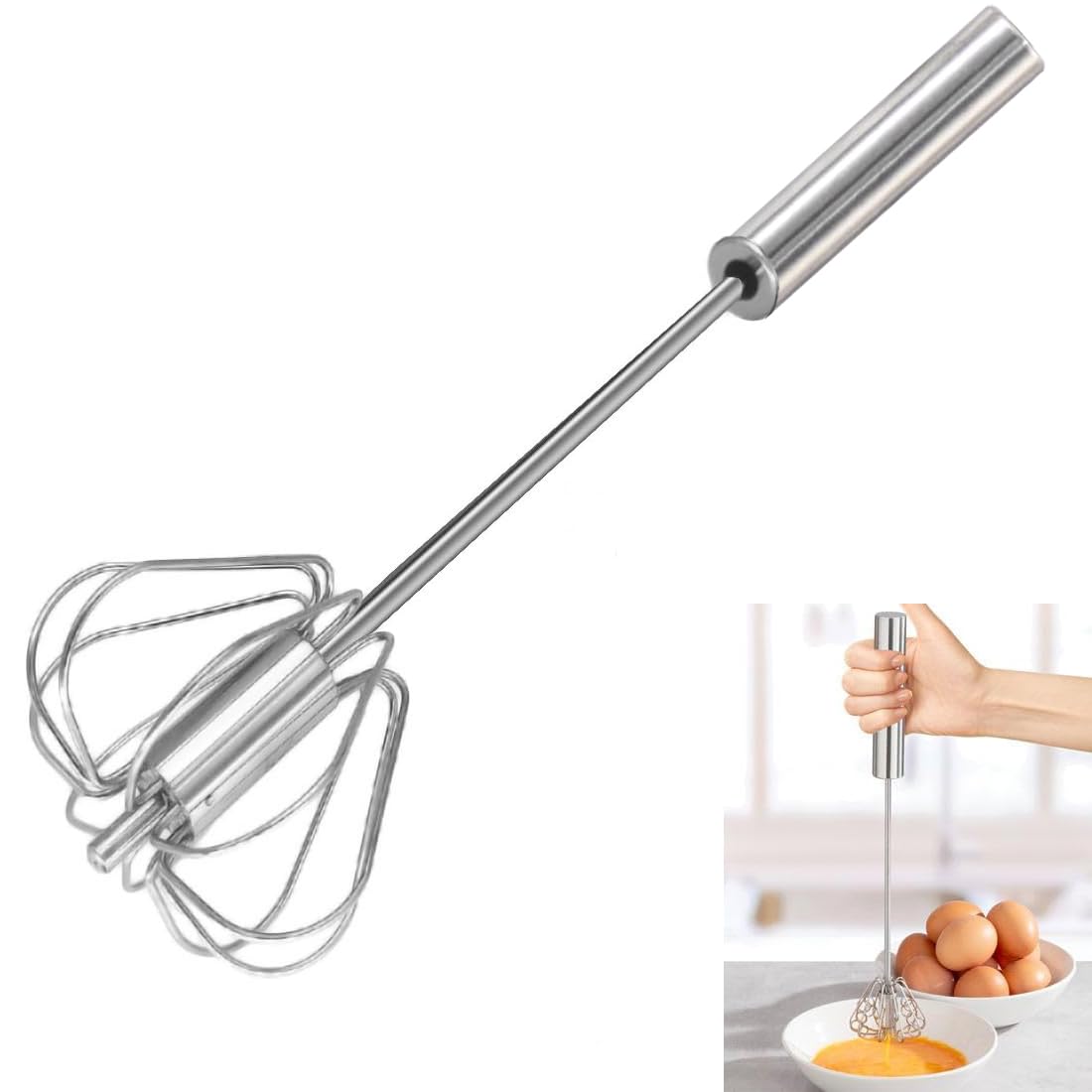 1 Pcs Whisk,Hand Push Rotary Whisk Blender,Stainless Steel Egg Whisk,Versatile Milk Frother, Semi Automatic Whisk Blender for Blending, Whisking, Beating & Stirring (12in)