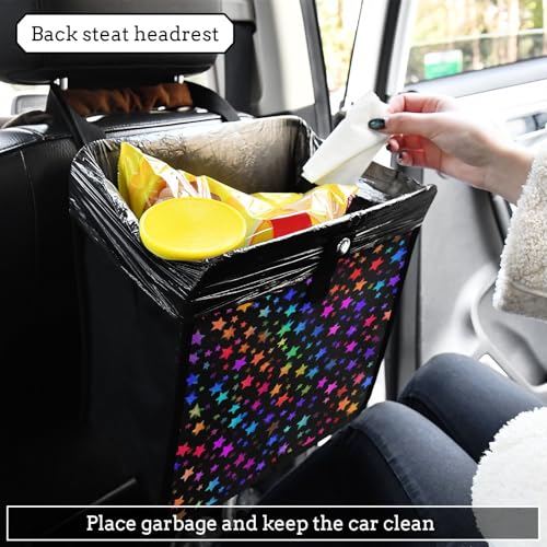 Image of Car Trash Can Organizer Bin with Adjustable Strap for Back Front Seat Console Waterproof Leakproof Collapsible Portable 11 Inch Vibrant Rainbow Stars