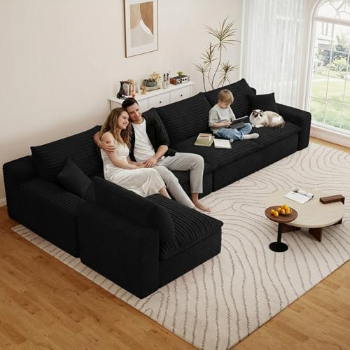 Image of 136 inch Cloud Couch Modular Sectional Sofa for Living Room, L-Shape Boneless Couch with Deep Seat, Modern Corduroy 5-Seater, No Assembly Required, Black