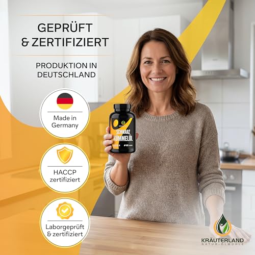 Kräuterland Schwarzkümmelöl Kapseln 420 Stück, hochdosiert (1000mg pro Tagesdosis), 100% Nigella Sativa, Omega Fettsäuren, ohne Zusatzstoffe, hoher Thymochinon, Deutsche Premium Qualität
