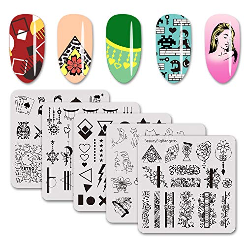 BEAUTYBIGBANG 5pcs Nail Stamping Plate Geometric Flower Games Sketch Image Square Templates Design Stamp Kit Nail Art Tool BBBS-035 036 037 038 039