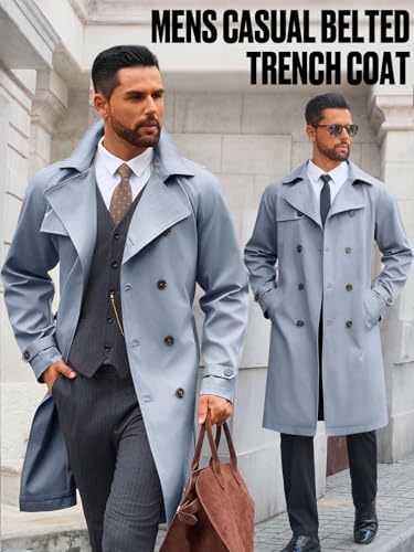 Image of Runcati Mens Trench Coat Double Breasted Notched Lapel Casual Belted Windbreaker Fall Classic Long Jacket Overcoat