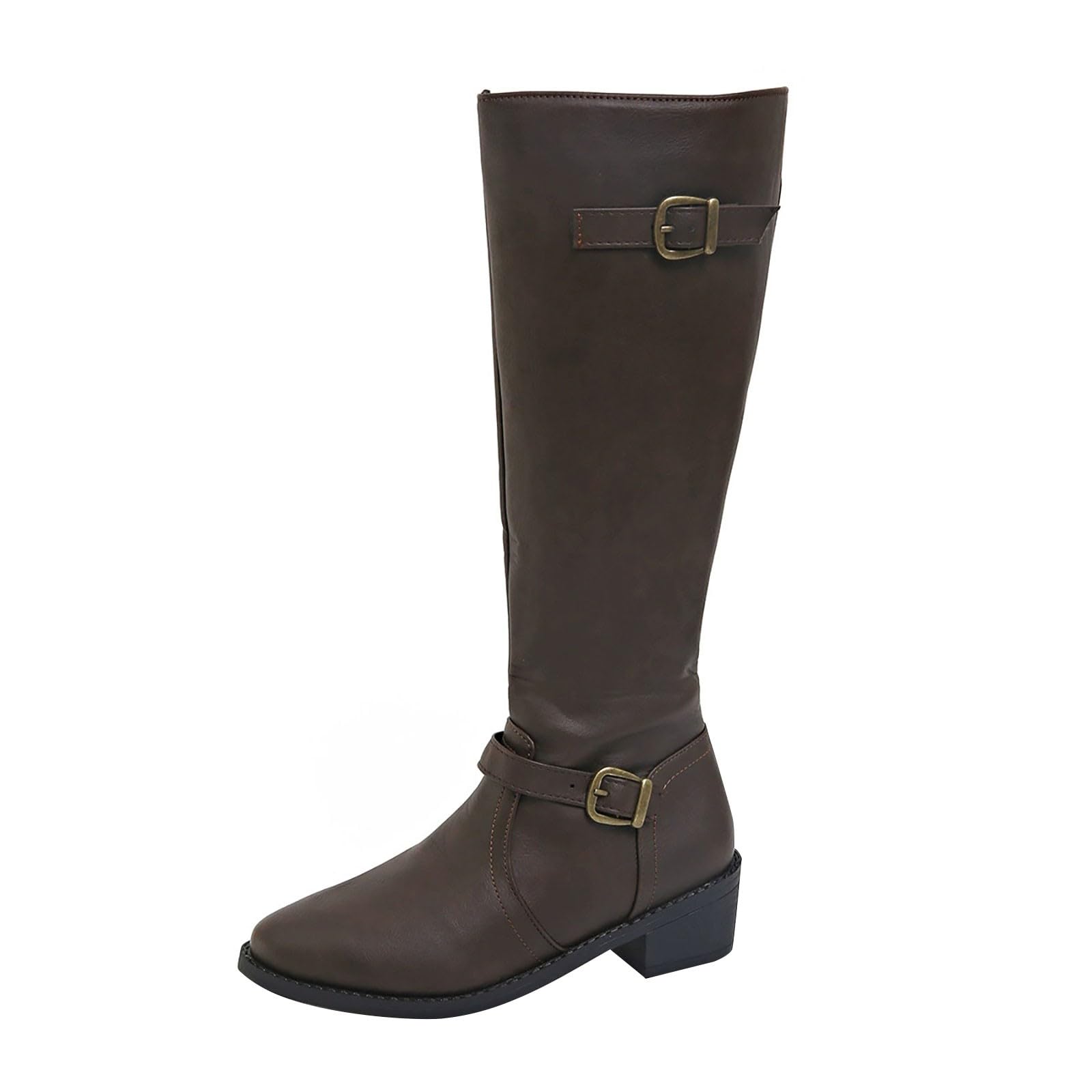 Womens Leather Tall Boots Pointed Toe Chunky Block Heel Buckle Strap Knee High Western Booties with Side Zipper