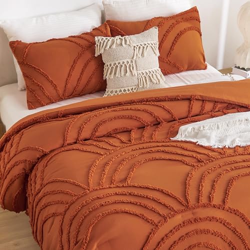 Image of ENJOHOS Burnt Orange Twin Comforter Set, 2 Pieces Boho Style Comforter, with Tufted Rainbow Pattern, Lightweight Fluffy Microfiber Comforter for All Season, with 1 Pillowcase