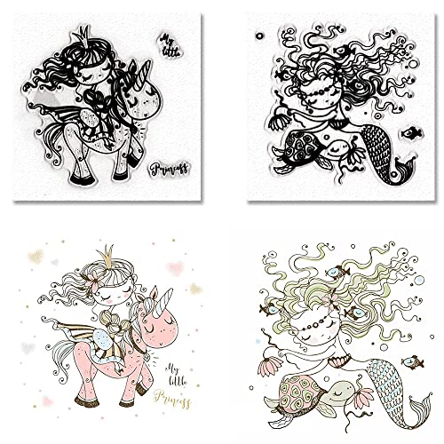 Summer Princess Clear Stamps for Card Making, Girls Stamps for Crafting Decoration, Unicorn Sea Ocean Silicone Transparent Rubber Stamps for DIY Scrapbooking Embossing Album Decor Crafts Supplies