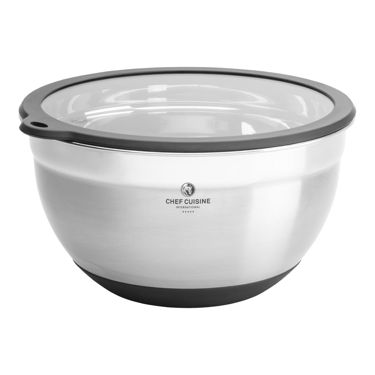 CHEF CUISINE Edelstahl-Schüsseln, 3er Set, Glasdeckel, Langlebig, Lebensmittelecht, Geschmacksneutral, Schüttrand, Umlaufender Silikonfuß, Bruchsicher, Platzsparend, Stapelbar