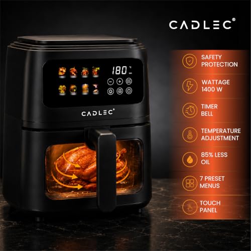 Image of Cadlec SmartFry 1400W Digital Air Fryer | 360 Rapid Air Circulation, 8 Preset Menus, Touch Control Panel, 5L Non-Stick Basket, Low Oil Cooking, 2-Year Warranty, Black