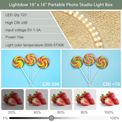 Lightdow 16"x16"x12" Photo Studio Light Box Photography with 120 LEDs (CRI>95), 6 Backdrops - Portable/Dimmable/Versatile Folding Shooting Tents for Toys/Jewelry/Watches/Cosmetics Photography by lightdow - Image 4