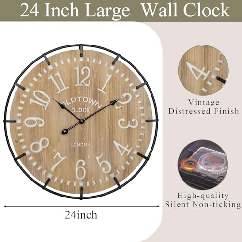 Image of EMAX HOME 24 Inch Large Farmhouse Wall Clock - Rustic Antique Wood, Silent Battery Operated Clock for Office Kitchen Bedroom Living Room
