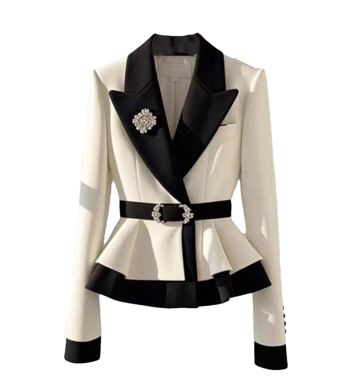 Spring Womens Contrast Sashed Blazer Notched Collar Petite Suit Jacket Elegant Office Coat