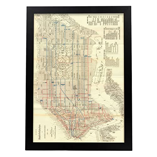 Nacnic Pósters Geográficos en estilo Vintage. Mapa de Manhattan de 1899. Ilustraciones de Antiguos Mapamundis en tonos sepia. Tamaño A3, con marco negro. ⭐