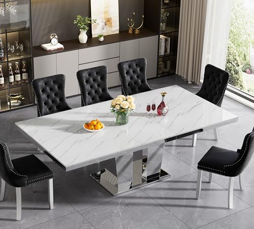 Image of 94 inch Faux Marble Extendable Dining Table for 8 10,Mirrored Base | Large White Marble Expandable Kitchen Table for 8,Modern Pedestal Dining Table w / Mirrored Columnar Base for Family Gathering