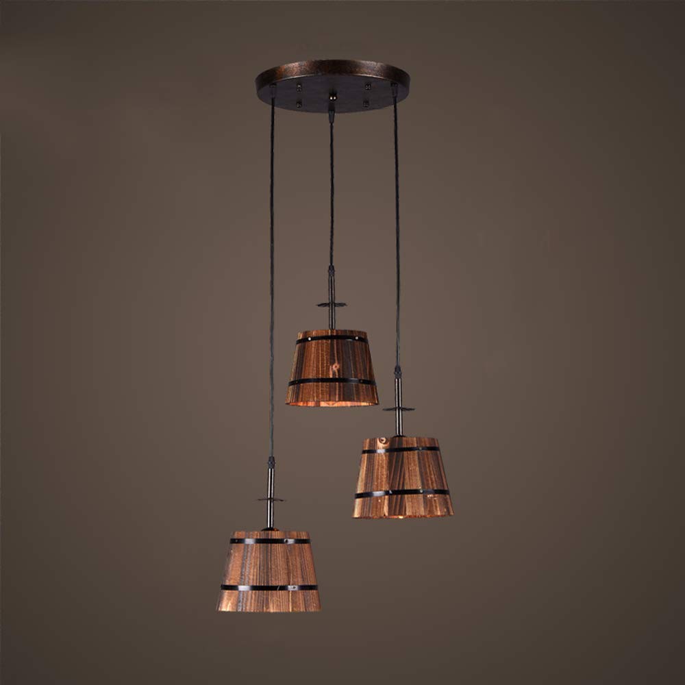 Lámpara de 3 luces E27 colgante industrial para iluminar comedores oscuros con base de madera