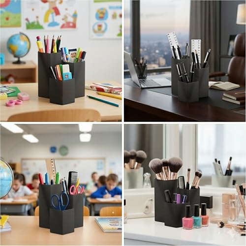 Image of Black Pen Holder for Desk | 3 Compartment Organizer Desk for Pen, Pecils, Makeup Brushes, Tooth Brushes | Cute Pencil Cup Desk Organizers and Accessories for Office, Home, Classroom, Teacher Desks