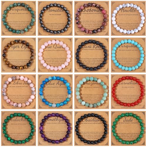 16 PCS Healing Crystal Bracelet for Women Men 8mm Natural Stone Beaded Bracelets Round Gemstones Stretch Bead Bracelet Jewelry Birthday Gifts