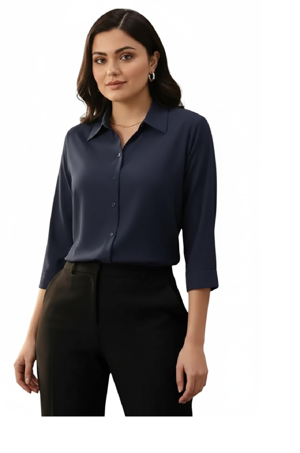 Women's Viscose Rayon Button Down 3/4 Sleeves Collar Neck Plain Formal Shirt-picture-18