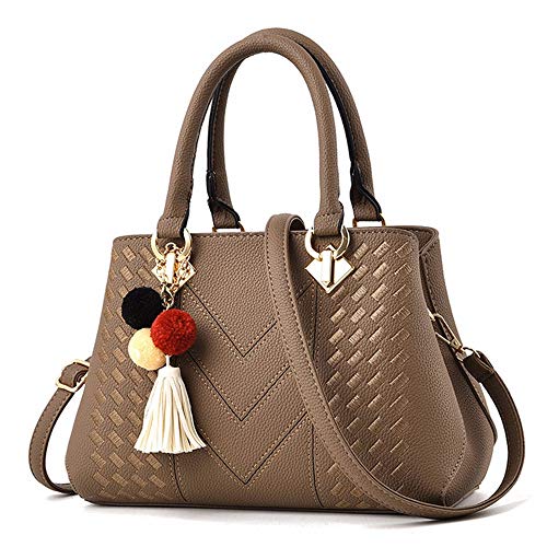 Ladies Handbags New Trend PU Embroidered line Handbags Shoulder Bag Leather Fashion Diagonal Package (Color : Brown, Size : Large)
