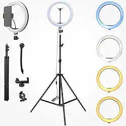 Ring Light LED 30 cm com Tripé 2,1 m, 3 Cores de Iluminação, Dimmer, Kit Iluminador- QHS
