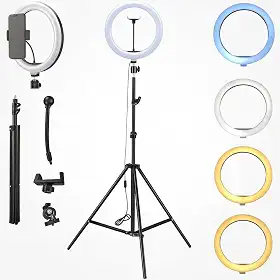 Ring Light LED 30 cm com Tripé 2,1 m, 3 Cores de Iluminação, Dimmer, Kit Iluminador- QHS