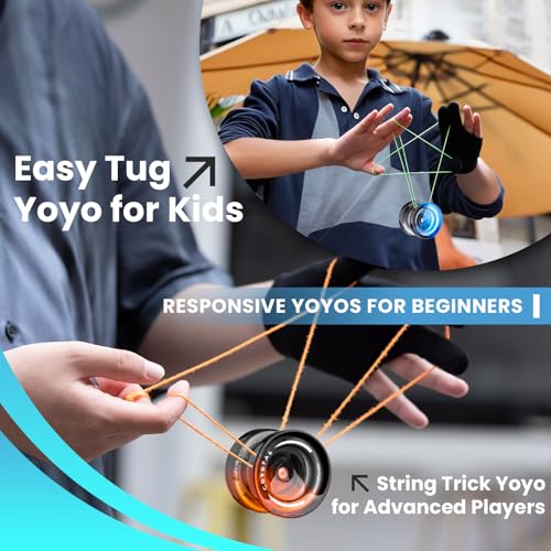 Image of MAGICYOYO K2 Responsive Yoyos for Kids 8-12 (Black Orange+Black Blue) | Dual Function Professional Yoyo Pack with Finger Spin Function, Pro Yo yo with Bearing Kit, 12 Yo-yo Strings+2 Sacks