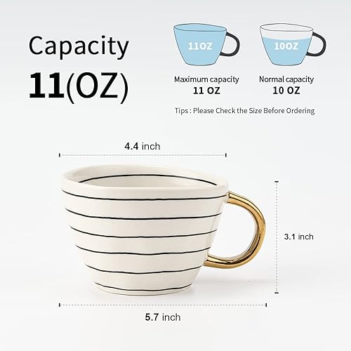 Miniatura 2 de MugsNcups Juego de 2 tazas de café, tazas irregulares únicas de cerámica con asas doradas, taza de café blanca de porcelana de 11 onzas para café