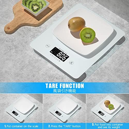 CHICLEW Digital Kitchen Scales, 10kg/1g Waterproof Tempered Glass Electric Food Scale, Electronic Cooking Scale with Backlit LCD and Tare Function, Multifunctional Weighing Scale for Cooking, Baking