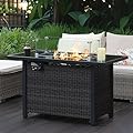 Naga Bahna 43 Inch Outdoor Propane Gas Fire Pit Table, 50000 BTU Rectangle Propane Fire Pit with Glass Wind Guard, Tempered Glass Top and Wicker Rattan Base for Patio, Garden, and Backyard