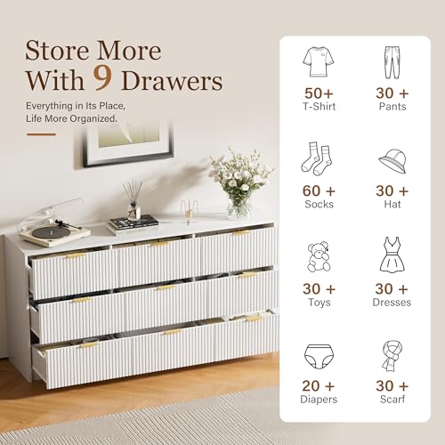 Image of Furniway 3 Piece Bedroom Set, 9 Drawer Dresser and Nightstand Set of 2 with Gold Handles, Modern Wood Chest of Drawers Storage Cabinet for Bedroom, White