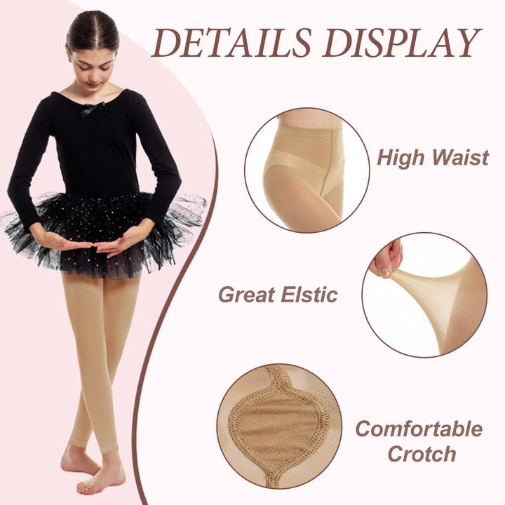 3 Pairs School Girl's Footed and Footless Ballet Dance Tights Age(2-16),Black White Nude4