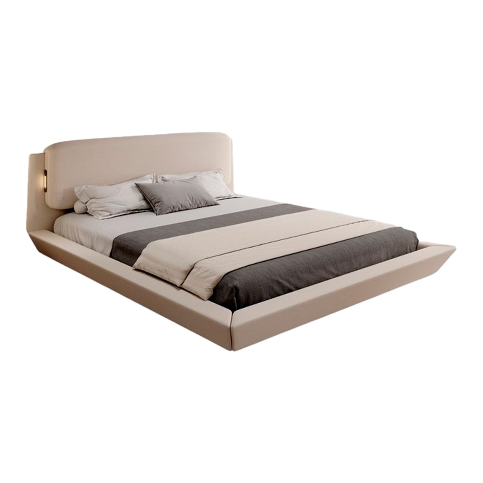 MB Muebles Bonitos, Letto Sospeso Matrimoniale 180x200cm Diana, Design Flottante con Illuminazione LED, Struttura in Legno Rivestita in Lino Beige, Rete a Doghe, 2 Porte USB