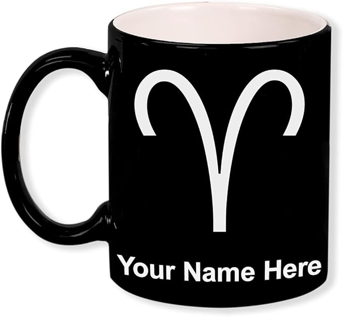 LaserGram 11oz Round Ceramic Coffee Mug, Zodiac Sign Aries, Personalized Engraving Included (Black)