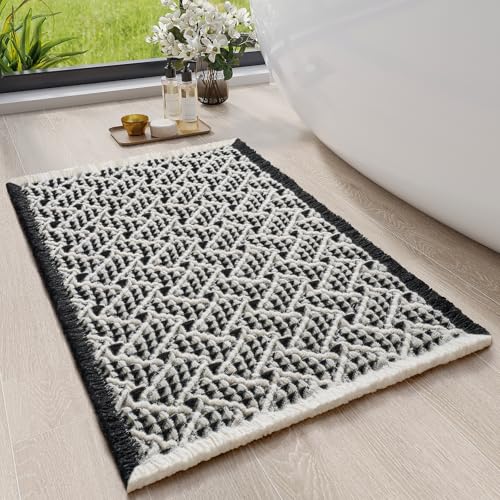 QiCaiJia Waffle Bath Mat Extra Soft Boho Bathroom Rugs 16x24 Black