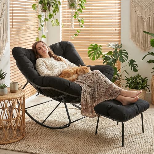 LIFERUN Fotel bujany z zestawem rattanowym, krzesło bujane z taboretem, fotel bujany oversize, odporny na warunki atmosferyczne, z grubą, zdejmowaną tapicerką, obciążenie 150 kg, fotel do ogrodu, na