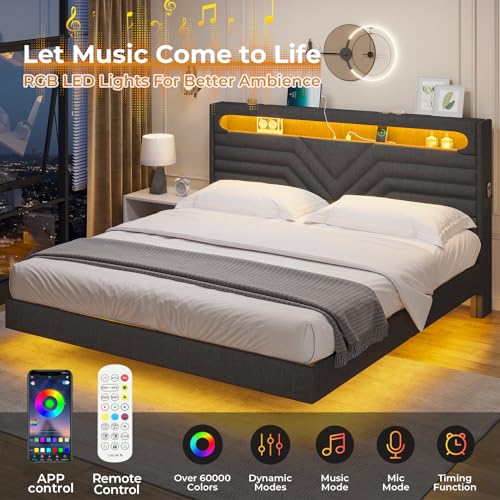 Image of HAUOMS LED Floating Bed Frame Full Size with Storage Headboard,Dark Grey