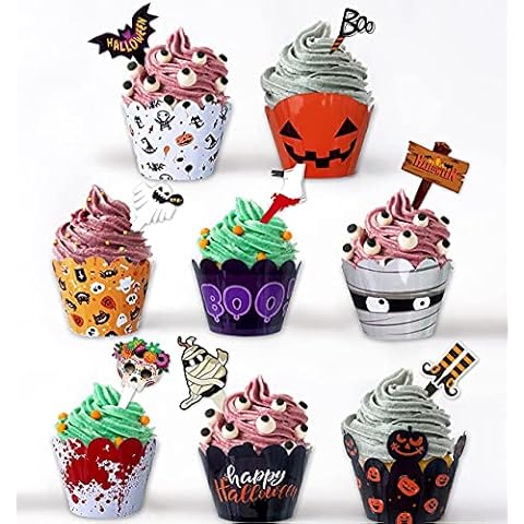 Halloween Cake Decoration, 48Pcs Halloween Cupcake Wrappers with Halloween Cupcake Topper Halloween Cake Decor with Cupcake Cups for Halloween Party Kitchen Cupcake Baking (24 Pack) Cover