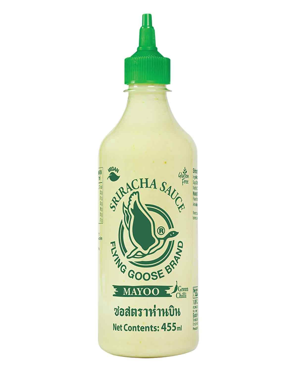 FLYING GOOSE Sriracha Mayoo Sauce, Green Chili, pikante Mayonnaise, leicht scharf, grüne Kappe, Würzsauce aus Thailand, vegan, glutenfrei, 1 x 455 ml