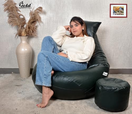 Image of Gold 3XL Bean Bag Combo with Footstool & Cushion | Faux Leather Teardrop Bean Bag for Adults & Teens | Pre-Filled with Beans | Home, Bedroom, Living Room, Office (3XL - Miltary Green)