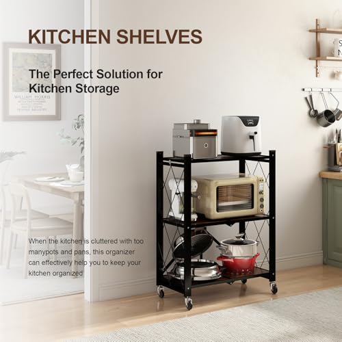 Image of 3 Tier Folding Shelf with Wheels, Wood and Metal Bookshelf | No Assembly Foldable Storage Shelves, Vintage Storage Rack for Living Room, Bedroom, and Home Office