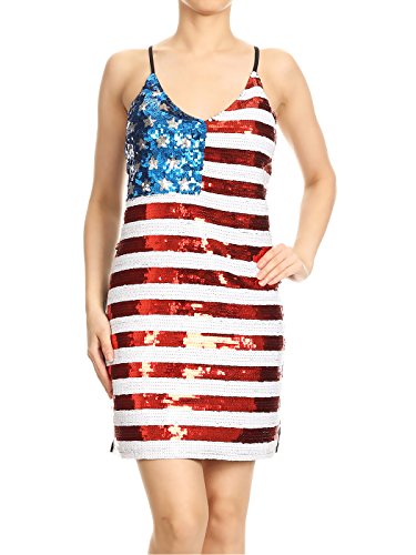 Anna-Kaci Women Spaghetti Strap Sleeveless USA American Flag Patriotic Sequin Mini Dress