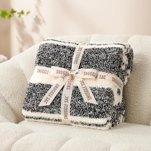 Image of Snuggle Sac Heather Throw Blanket for Couch, Reversible Super Soft Blankets Warm Cozy Knit Fuzzy Plush Lightweight for Sofa, Bed, Camping, Picnic (Stripe Black, Throw(50 inchx 60 inch))