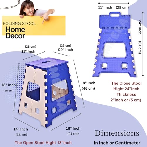 Image of AMEEBA 18 Inch Super Strong Folding Step Stool to Support Adults and Safe Enough for Kids. Opens Easy with One Flip, Great for Kitchen, Bathroom, Bedroom, Kids or Adults (Blue)