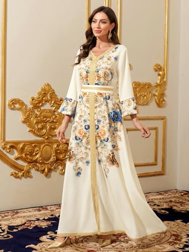 Image of Middle Eastern Modest Maxi Dress - Muslim Moroccan Kaftan Abaya for Women Gold Embroidered Eid Dress Islamic Traditional Wear