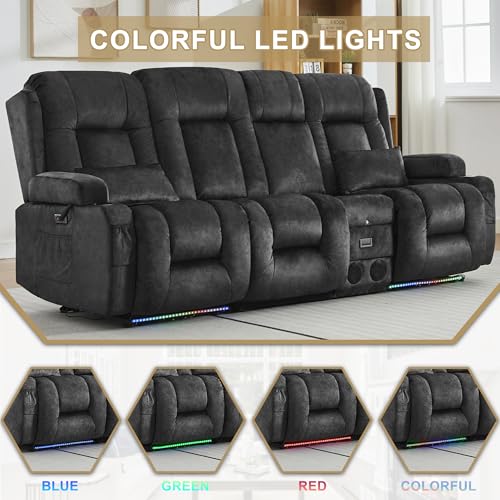 Image of URRED Power Loveseat Recliner Sofa with Massage and Heat, Wall Hugger Reclining Loveseat with Console, RV Couch Home Theater Seating with LED Lights for Living Room (Dark Grey, 89.8 inch - 3 Seats)