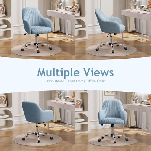 Image of Velvet Desk Chair for Home Office, Adjustable Swivel Task Chair Modern Computer Vanity Chairs with Arm Rest for Bedroom Living Room Make-up Room (Blue Light)