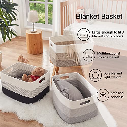 Oiahomy Large Blanket Basket, Rectangle Woven Baskets For Storage, Nursery Cotton Rope Basket Living Room, Toy Basket For Organizing, Large Baskets With Handle-22”X17”X12”-Gradient Yellow #TOP5
