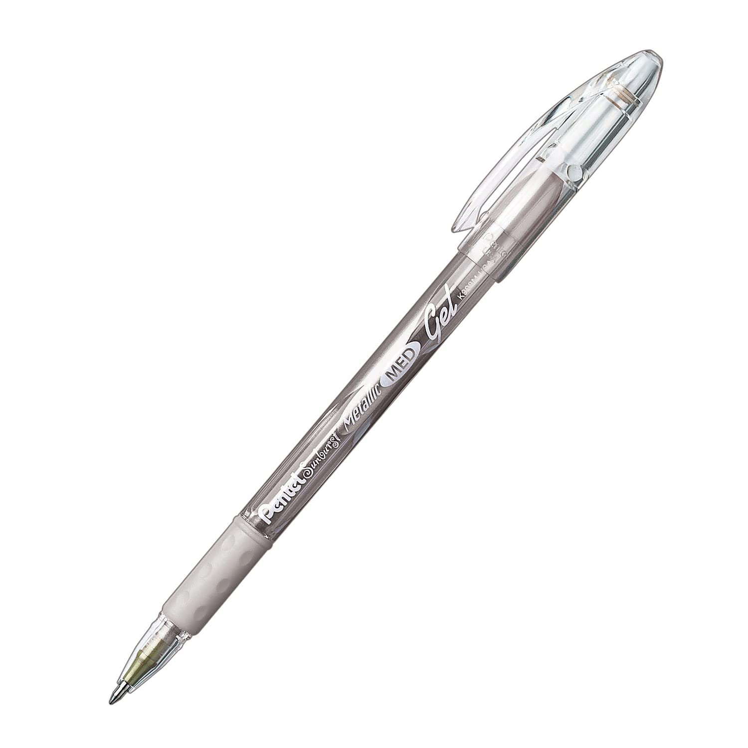 Pentel Sunburst Metallic Gel Pen, 0.8mm Tip, Silver/Transparent Barrel Silver Ink, Box of 12 (K908-Z)