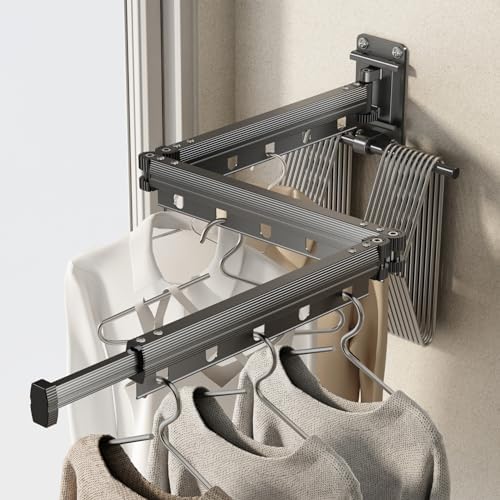 Clothes Drying Rack Wall Mounted Foldable Laundry Drying Rack Collapsible/Retractable Space Saving Laundry Hanger Dryer Rack with Additional Bar-Matte Gray