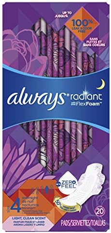 ALWAYS Radiant, Size 4, Overnight Sanitary Pads With Wings, Scented, 20 Count
